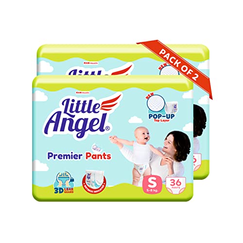 Image of Little Angel Premier Pants Baby Diaper, Small (S) Size, 72 Count, Cottony Soft Material, Wetness Indicator, Breathable Layer, Extra Dry Core, Stretchable Sides, Pack of 2, 36 count /pack, 5-8 kgs
