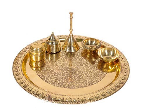 Guruji Divinity Blessings Decor Handmade Brass Puja Thali with Flower Embossed Design, Brass Pooja Plate, Religious Spiritual Item, Home Temple, 10.1\" Inch