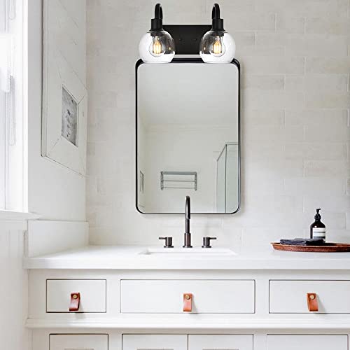 Image of Bathroom Vanity Light with Globe Seeded Glass 2-Lights Industrial Black Wall Sconce Lighting for Foyer Hallway