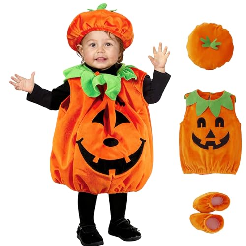 GDLOKFU Disfraz de Calabaza para Niños 2-6 Años, Disfraz Bebé Calabazas, Ropa de Halloween Infantil con Sombrero y Bolsa de Caramelos, Niños y Niñas, Fiesta de Carnaval Halloween