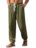 Runcati Mens Casual Pants Elastic Waist Drawstring Summer Cotton Jogger Pants Linen Yoga Beach Trousers with Pockets Army Green