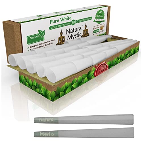 Pre Rolled Cones King Size – White Rolling Paper With Organic Fibers Preroll 50 Pack Natural Mystic Pre Roll Papers With Filter Tips Use Cone Loader Filling Machine Packing Sticks