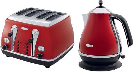 DELONGHI ICONA RED KETTLE (KBO3001.R) & ICONA RED TOASTER (CTO4003.R) COMBINA...