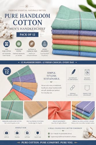 Image of Pure Handloom Cotton Men's Handkerchief, Multicolour, Highly Absorbent, Machine Washable, Pack of 12
