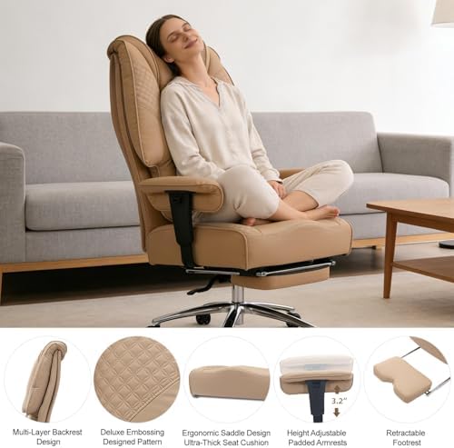 EXCEBET Big and Tall Office Chair 400lbs Wide Seat, Leather High Back Executive Office Chair with Foot Rest, Ergonomic Chairs Lumbar Support for Lower Back Pain Relief, All-Day Comfort (Brown) - 3