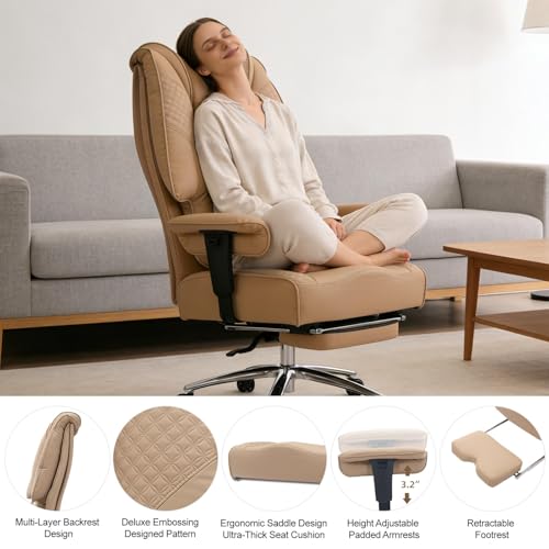 Image of EXCEBET Big and Tall Office Chair 400lbs Wide Seat, Leather High Back Executive Office Chair with Foot Rest, Ergonomic Chairs Lumbar Support for Lower Back Pain Relief, All-Day Comfort (Brown)