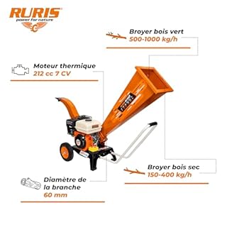 RURIS POWER FOR NATURE Broyeur Vegetaux Thermique de Jardin ST300, 7 CV, 3600 tours/min, Diamètre de Là Branche 60mm