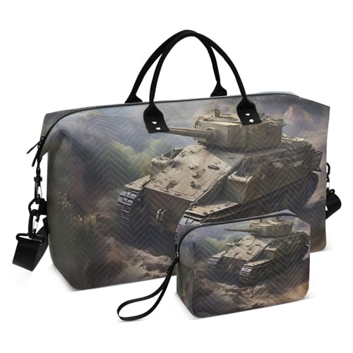 Large Travel Duffel Bag, Tank on Land Sports Tote Gym Bag, Shoulder Weekender Overnight Bag for Women Men, Carry On Luggage with Toiletry Bags