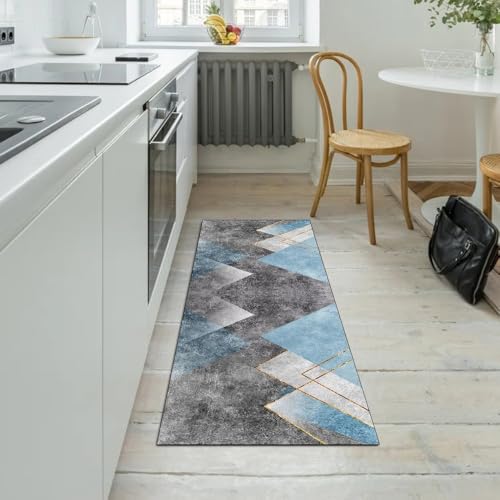 Alfombra de pasillo de 50x150 cm moderna en gris y azul lavable 5
