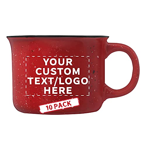 DISCOUNT PROMOS 10 Bijou Ceramic Campfire Coffee Mugs Set, 8 oz. - Customizable Text, Logo - Ceramic, Speckled, Sturdy, C-handle - Red
