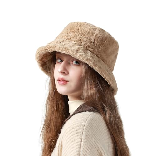 KYRINOVA Chapeau cloche d'hiver chaud et pelucheux, confortable et moelleux, chapeau tendance en fourrure adapté pour les femmes et les filles, kaki, Taille unique