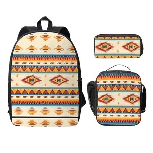 Sac à dos d'école 3 pièces imprimé amérindien noir avec lunch box et trousse