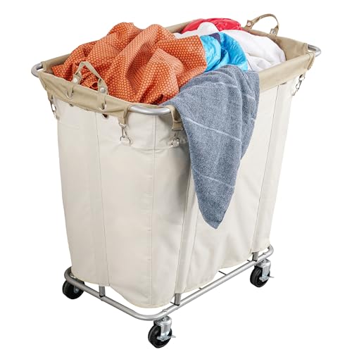 PLKOW Laundry Cart with Wheels 320L Large Rolling Laundry Cart for Commercial/Home, Rolling Laundry Basket with Steel Frame and Waterproof Lining, 9 Bushel, 32.3L x 19.7W x 30.7H Inch, Beige
