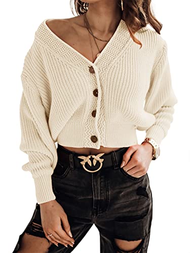 Febriajuce Women's Long Sleeve V-Neck Button Down Rib Knit Cropped Cardigan Sweater