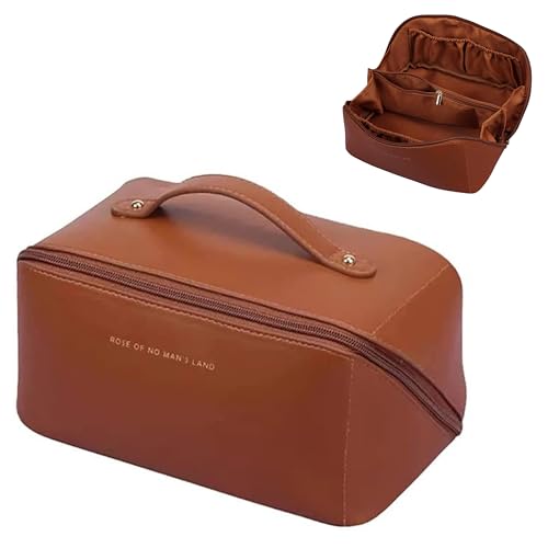 Image of Handcuffs Cosmetic Bag with Handle | PU Leather | Toiletry Pouch | Makeup Storage | Large | Travel | Zipper | Waterproof | Make Up Organizer (Brown)