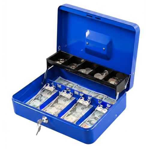 Image of KYODOLED Locking Cash Box with Lock,Money Box with Cash Tray,Lock Safe Box with Key,Money Saving Organizer,11.81Lx 9.45Wx 3.54H Inches,Blue XL Large
