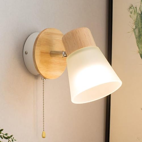 HUAYUSEDF Modern Wall Sconce Simple Solid Wood Lights with Switch Glass lampshade Living Room Bedroom Corridor Lamp Lighting Fixtures (B)(A)