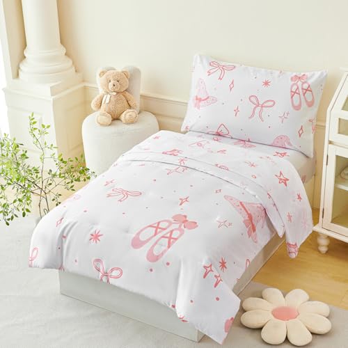 Image of PERFEMET 4 Pieces Bow Comforter for Toddler Girls Reversible Bowknot Pink Toddler Bedding Set Ultra Soft Lightweight Princess Crib Bed Set with Sheets