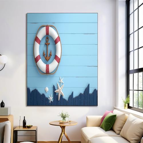 Tableau bouée de sauvetage en bois bleu GDJSMIN 80x120 cm décoration marine sans cadre