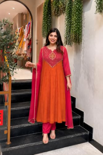 Image of ANNI DESIGNER Viscose Blend Kurta for Women | Kurta with Pant & Dupatta | A Line Embroidered Suit | Indian Ethnic Outfit Office Party Wedding Clothing Fashion Premium Traditional Style Look 3 Piece