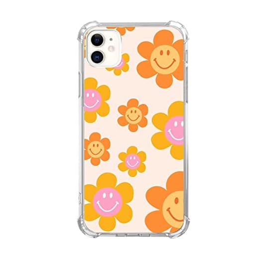 GialCenik Indie Smile Face Flower Daisy Power Phone Case Compatible with iPhone 11, Hippie Retro Happy Face 90s Orange Aesthetic Case for iPhone 11, Unique Trendy Design TPU Bumper Cover Case