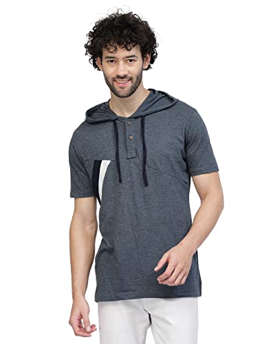 Image of Kalt Men Half Sleeves Cotton Blend Colour Block Hoodie T-Shirt