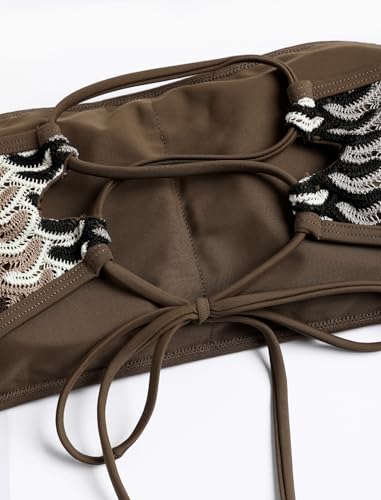 Image of ZAFUL Women Strapless Textured Bandeau Bikini 2 Piece Swimwear Cheeky Solid Lace up Bathing Suits