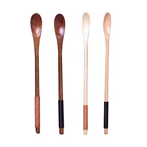 Mestolo Cucchiaio da tavola, eco-friendly legno lungo manico in legno naturale Ebilun 4PC W/Line legato Miele caffè cucchiaio per mescolare