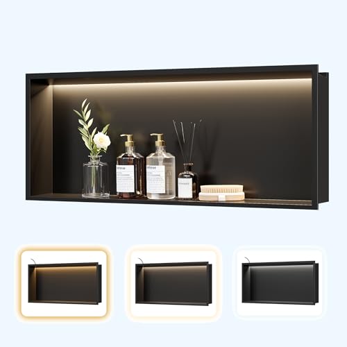 Neohomee Matte Black Shower Niche, 30"X12" Recessed Bathroom Wall Niche LED Cabinet, 3-Temperature LED Strip 3000K/4000K/6000K Available Waterproof No Tile Need Stainless Steel Wall Storage Organizer