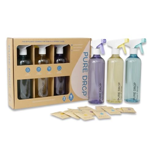 Pure Drop Eco-Friendly Cleaning Starter Kit – 3 Reusable Spray Bottles & 9 Concentrated Cleaning Tablets | Multi-Surface, Glass & Mirror, Bathroom Cleaner |Non-Toxic, Zero Waste, Plastic-Free Cleaning