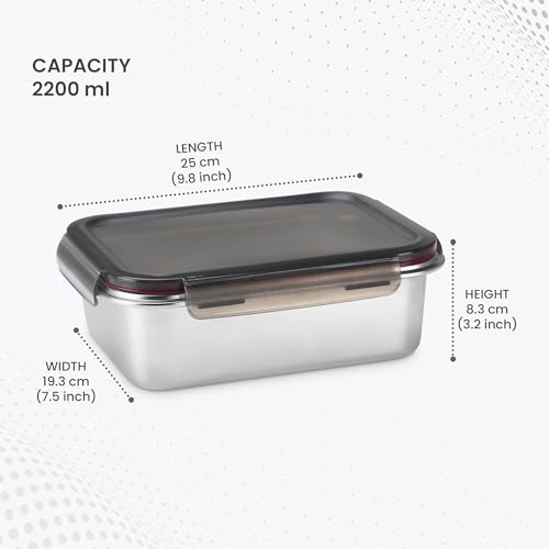 Image of MILTON New Modulo Steel Rectangular 2300 Container with lock lid|Airtight & Leakproof|Microwave & Oven safe| Light Weight | School, Office or Picnic use, 2200 ml, Silver