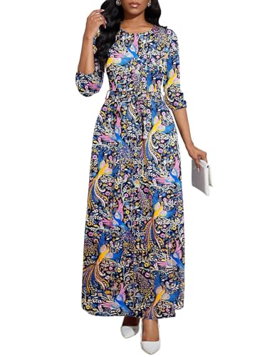 Image of BubFee Long Dress for Women Casual Long Sleeve Dresses Maxi Dress Empire Waist Loose with Belt