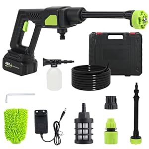 Cordless Pressure Washer, 990 PSI High Pressure Washer with 2 Battery & 6-in-1 Nozzle, Portable Cordless Cleaner with 5m/16.4FT Hose for Car, Floor, Garden with Soap Dispenser Bottle (Black)