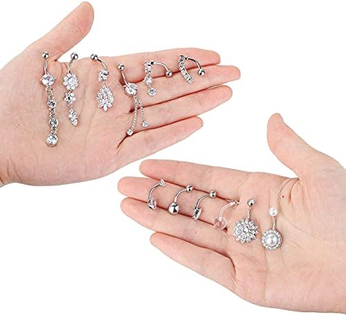 LOLIAS 316L Surgical Steel 14G CZ Navel Rings Belly Button Rings Pearl Helix Piercing Flower Series Navel Piercing for Women Zircon Body Piercing Jewellery 12 Pcs a Set