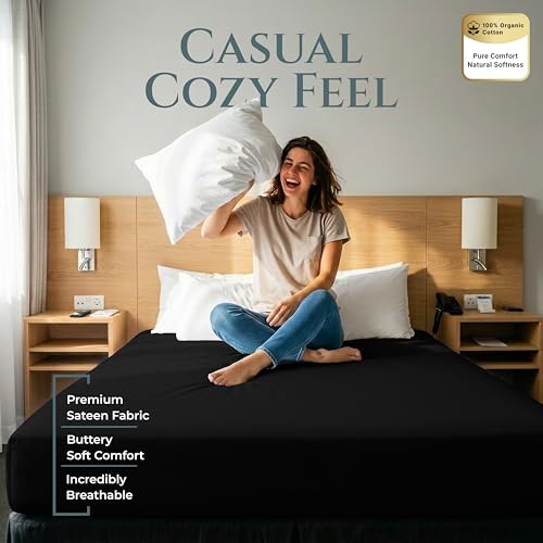 Image of Royale Linen 400 Thread Count Full Fitted Sheet Only - 100% Cotton Fitted Bed Sheets - Luxury Sateen Weave - All Around Elastic Deep Pocket - Soft & Durable Bottom Sheets - Fit Up To 16 inch (Night Black)