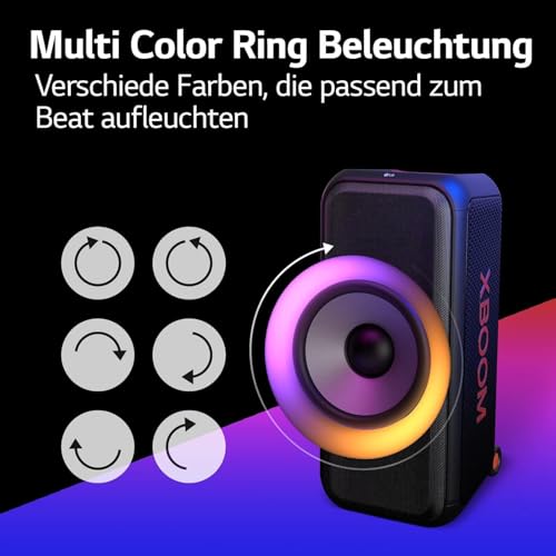LG xboom DXL7T, rollbarer Bluetooth-Lautsprecher (250 W, Karaoke- & DJ-Funktionen, Beleuchtung), Schwarz [Modelljahr 2024]