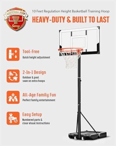 Image of Seray Basketball Hoop 40Inch Shatterproof Backboard, 3.4-10FT Height Adjustable, Rust-Resistant Poolside Goal, Portable Court for Adults /Kids, Indoor & Outdoor Rim