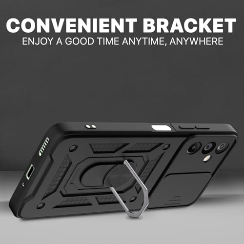 Image of Amazon Basics Back Cover for Samsung Galaxy M16 5G | 360 Protection Case | Sliding Camera Sheild Cover & Ring Holder Stand D10 Tough Armor Bumper Case (Black)