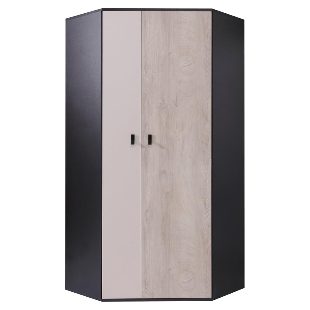 Lomadox Jugendzimmer Set 7-teilig mit Bett, Eckkleiderschrank, 2 Regalschränke, Wandboard, Schreibtisch, Schreibtischaufsatz in schwarz/braun/beige Modern