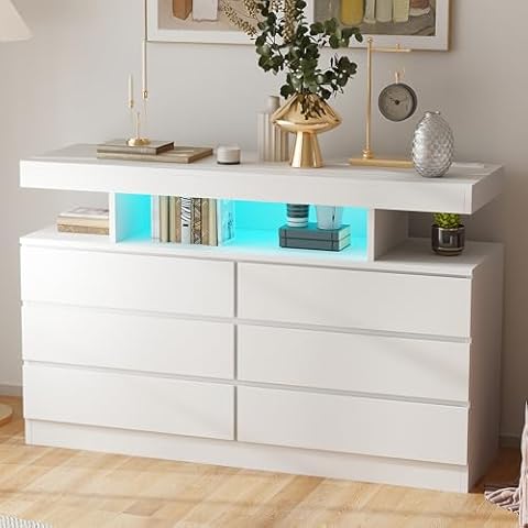 BEWISHOME White Dresser for Bedroom with Charging Station and LED Lights, 6 Drawer Dresser Chests of Drawers, Wood Dresser for Closet, Modern Wide Dresser with Open Space, TV Stand, White KCG02W Cover