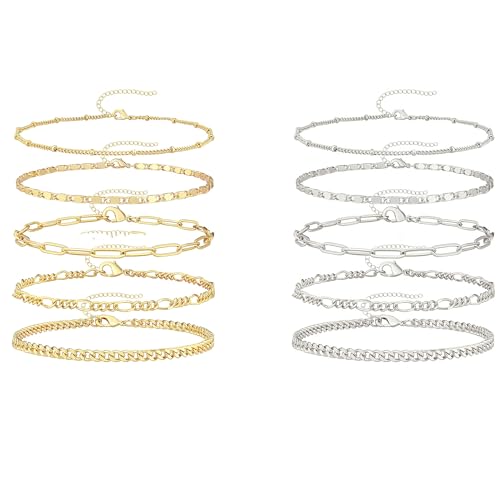 Image of RUIENGCOMM 10 Pcs Ankle Bracelets for Women14k Gold Plated Waterproof Layered Silver Anklets For Women Gold Womens Anklet Bracelets Cuban Figaro Satellite Mirror Paperclip Anklets for Women Girls