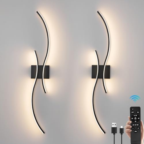 Image of Battery Operated Wall Sconces Set of 2, Dimmable Rechargeable Battery Wall Light with Remote Control, 3000K-6500K LED Black Wireless Wall Sconce for Living Room Bedroom Hallway, 31.5inch (Black)