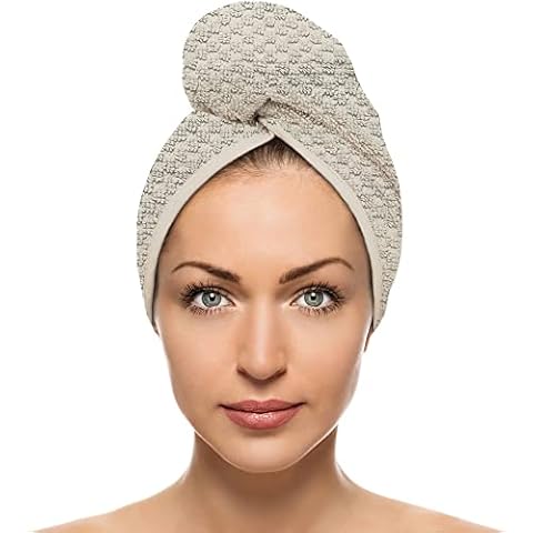 FAB-ON UK Hair Dry Towel 100% Cotton Popcorn Turban Style Instant Drying Quick Absorbent Lightweight Button & Loop Closure One Size Hair Dry Cap For Curly Long Hair 26x70 CM Cover