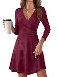 ANRABESS Women Long Sleeve V Neck Sweater Short Dresses,Burgundy,M