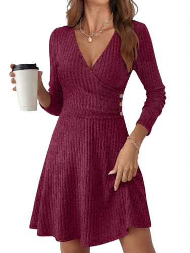ANRABESS Women's Long Sleeve V Neck Fall Short Sweater Dress Burgundy