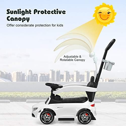 COSTWAY 3 in 1 Ride on Push Car, Toddler Slider Walker with Parental Handle, Safety Barrier, Sun Canopy, Storage Space, Music & Horn, Convertible Baby Stroller for Boys Girls (White)