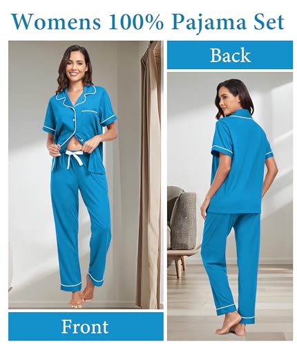 Image of CF Womens 100% Cotton Pajamas Set Button Down Pjs Sets Short Sleeve Top & Long Pants Sleepwear Comfy Loungewear with Pockets