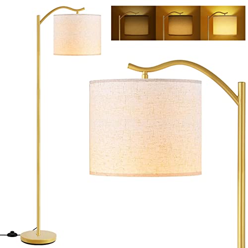 Floor Lamp For Living Room,Led Arched Floor Lamp,Tall Modern Standing Lamp With Linen Shade,3 Brightness Levels,E26 Socket, Footswitch,Montage Mid Century Floor Lamp For Bedrooms,Office ,Gold #TOP12
