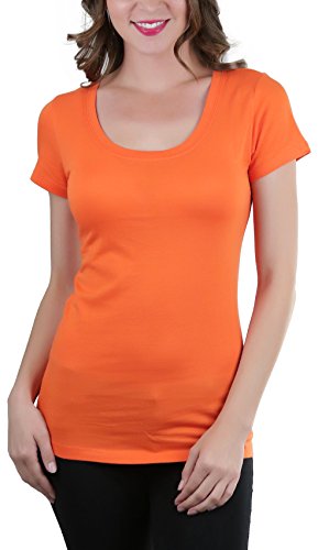 ToBeInStyle Women's Basic Short Sleeve Scoop Neck Tee - Spring Orange - Medium