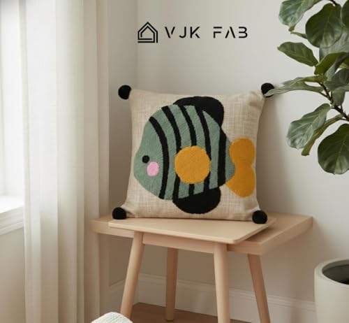 Image of Cotton Fabric Fish Embroidered Kids Cushion Cover for Sofa Set /Diwan Beds 16 x 16 Inches or 40x40 cms Cushion Covers, Sofa Throw Pillow Cover Only, Set of 1 Pc